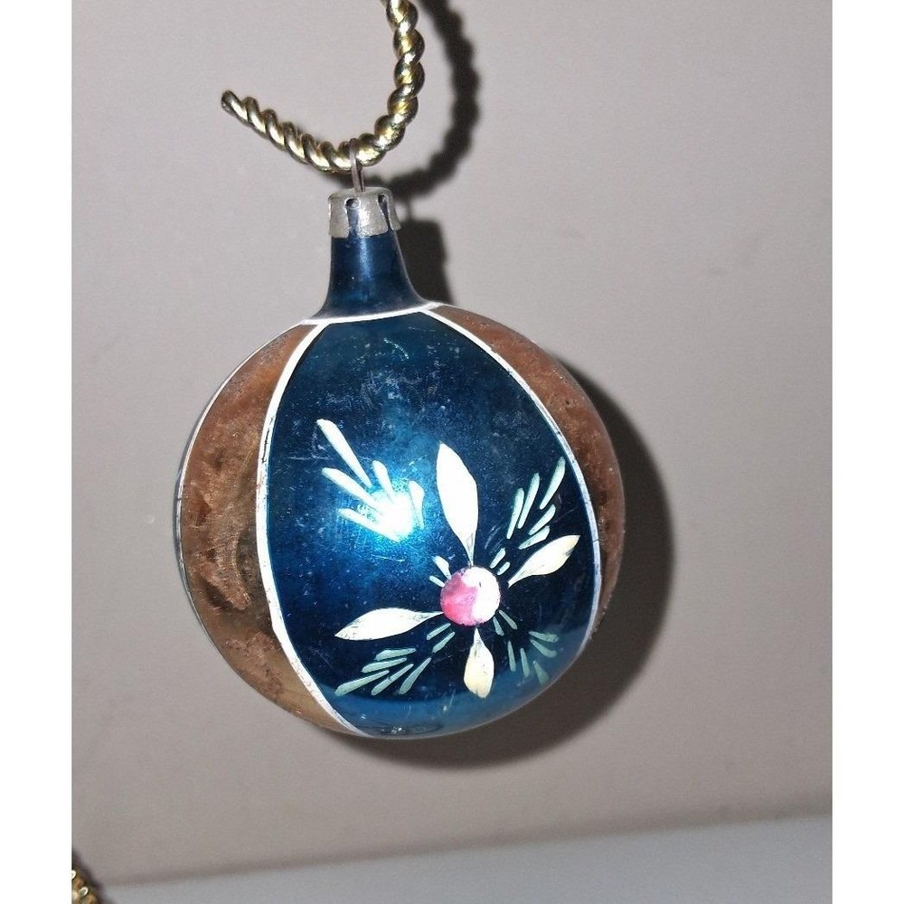 Vintage Blue & Copper Hand Painted Glass Christmas Ornament 2.75"